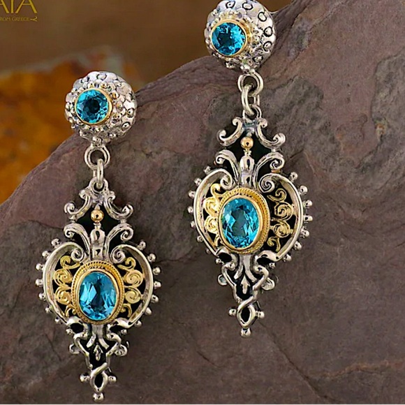 Vintage Blue Topaz Crystal Zircon Two Tone Dangle Earrings - Picture 2 of 7